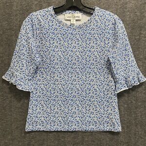Sara Campbell Top Women XS Blue White Floral Stretch Ruffle Sleeve Blouse Casual